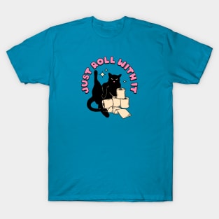 Roll with it Black Cat in blue T-Shirt